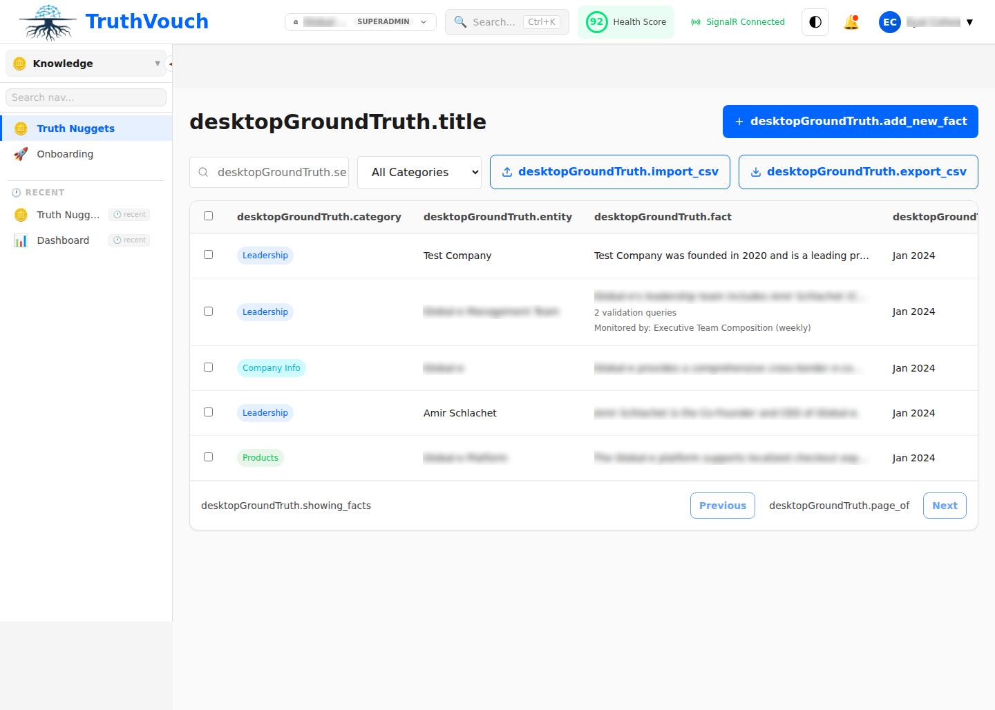 Truth Nuggets management interface showing knowledge base