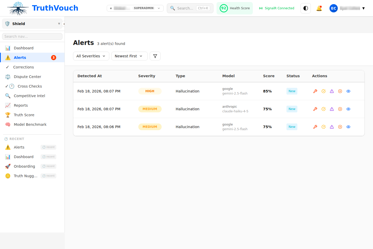 Shield Alerts showing detected hallucinations with severity levels