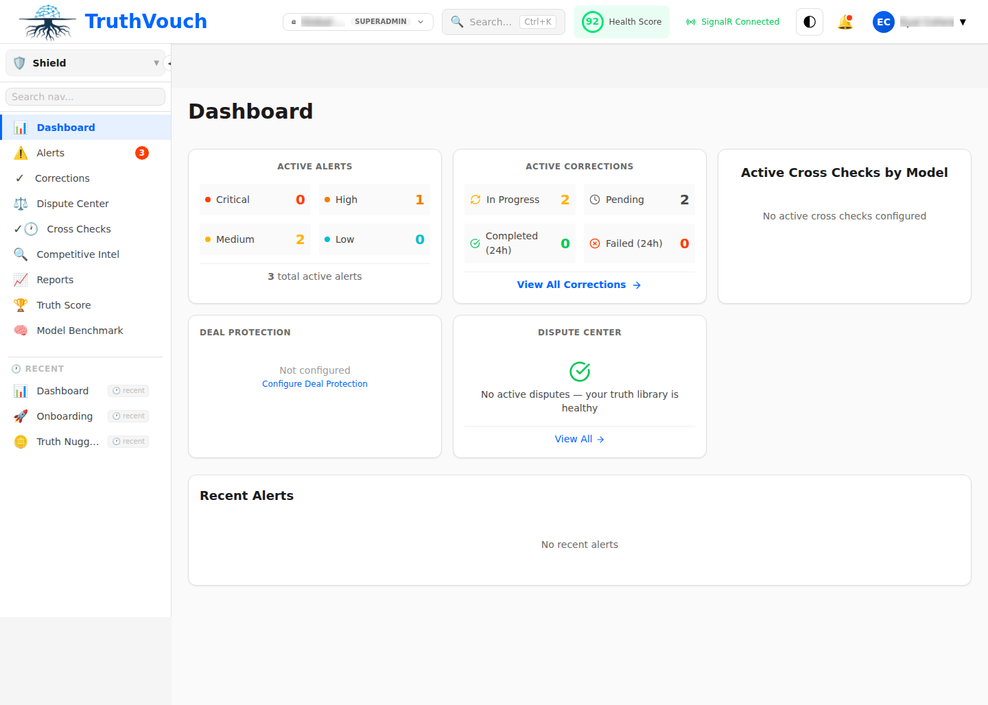 Shield Dashboard showing Health Score and AI accuracy metrics