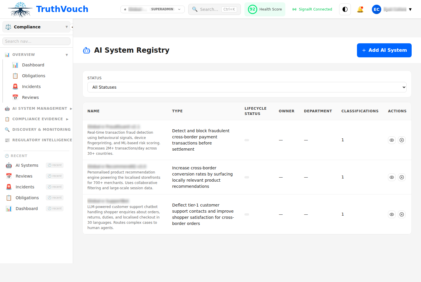AI systems inventory and framework mapping dashboard
