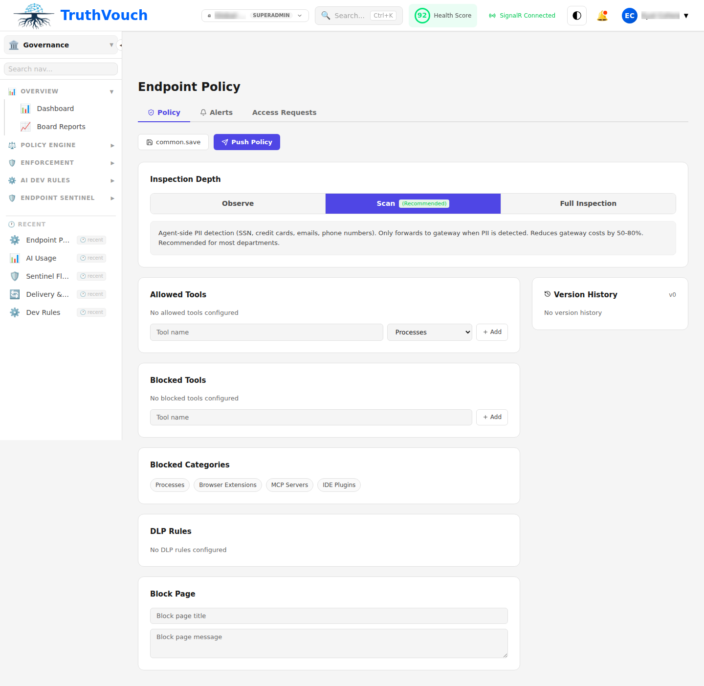 Sentinel endpoint policy configuration dashboard