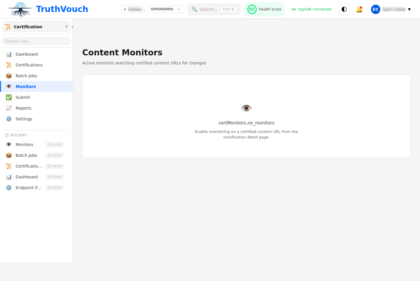 Content monitoring dashboard showing certified content and drift alerts