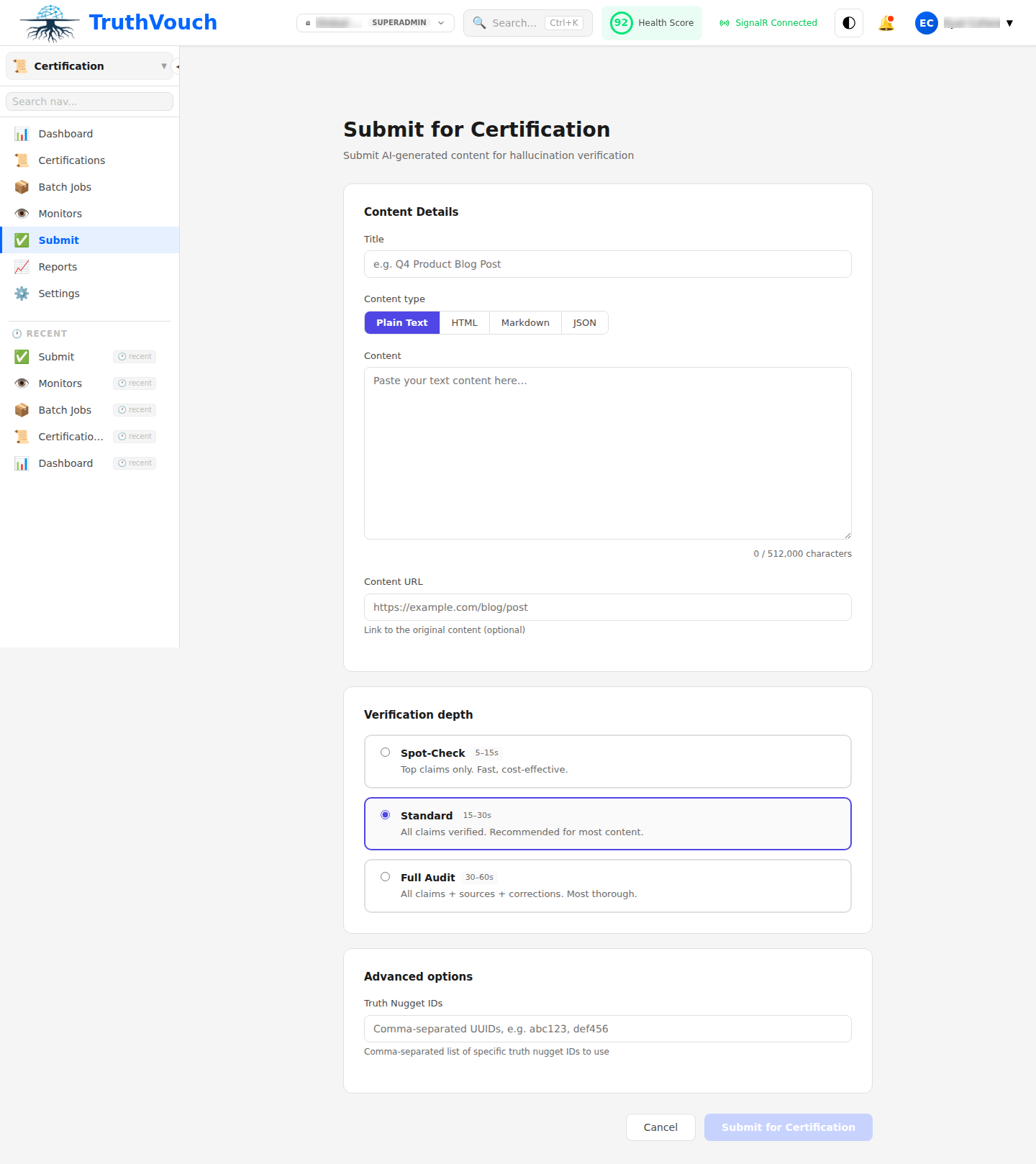Content submission interface for certification